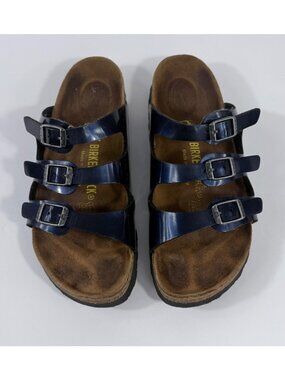 Birkenstock Florida 3-Strap Navy Blue Sandals Size 37 EU Leather Cork Sole Germa